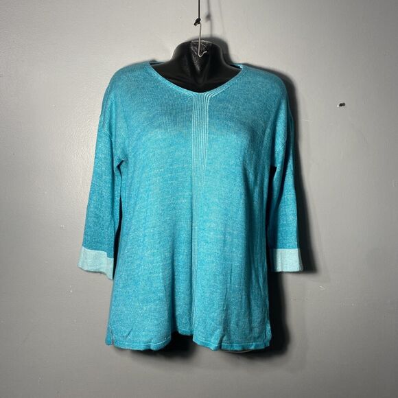 Chico's V-Neck Turquoise 3/4 Sleeve Acrylic Tunic Sweater‎ Size 2 (12-14) - Picture 2 of 7